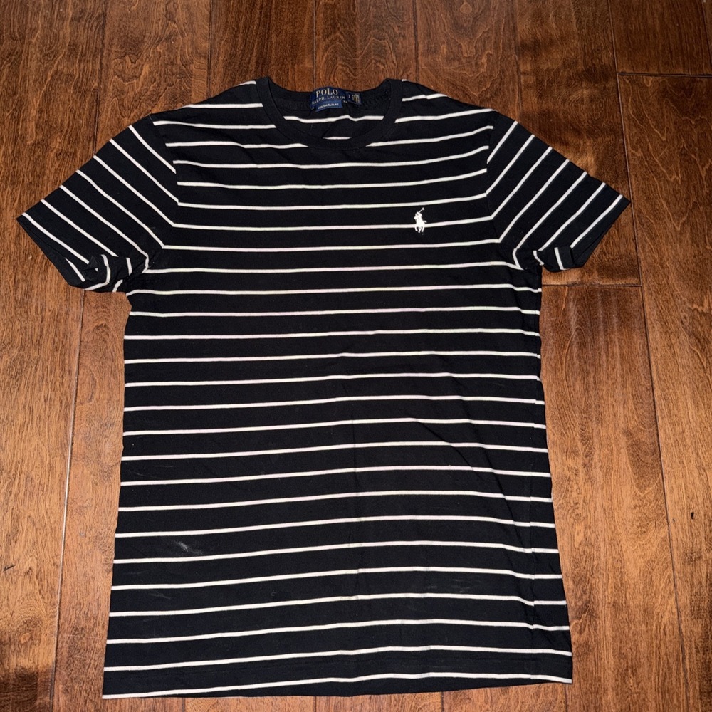 Polo Ralph Lauren Custom Slim Fit Striped T Shirt Black White Pony Logo Small